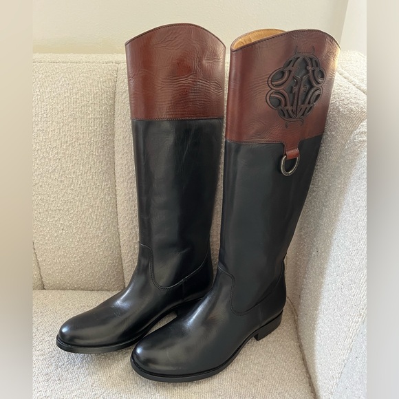 Frye Melissa Boot, Monogram Logo, Cognac/Black, Size 7.5 - Picture 7 of 9